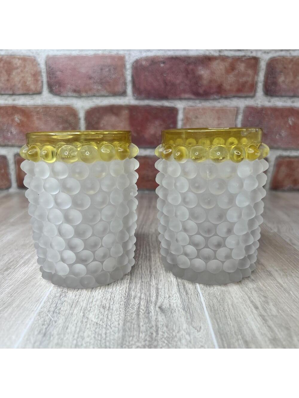 (2) HOBBS BROCKUNIER AMBER RIM FRANCES WARE HOBNAIL FROSTED DEW DROP TUMBLER